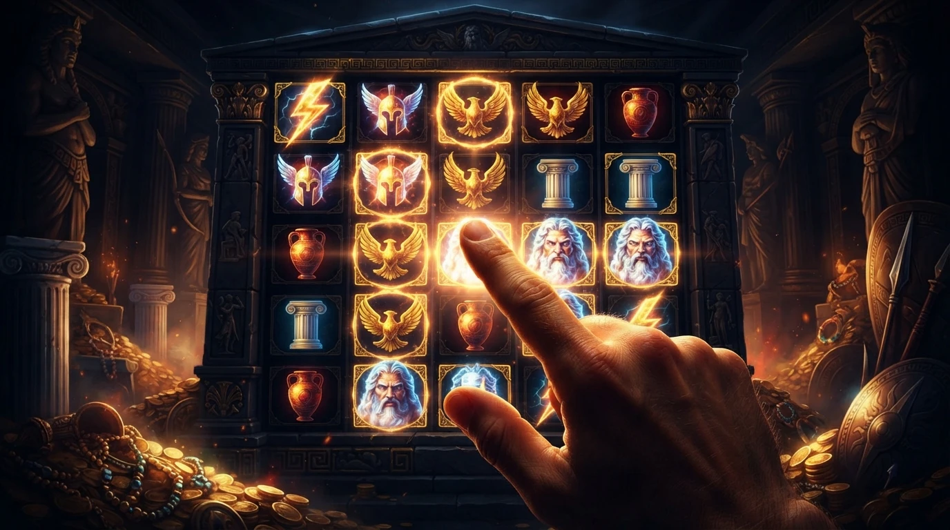 Thumb poised over an abstract glowing slot grid representing touch controls on a phone