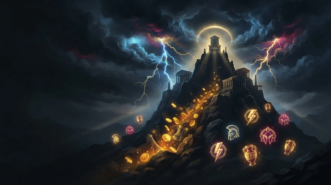 Atmospheric Greek-mythology storm and lightning evoking the Supreme Zeus theme