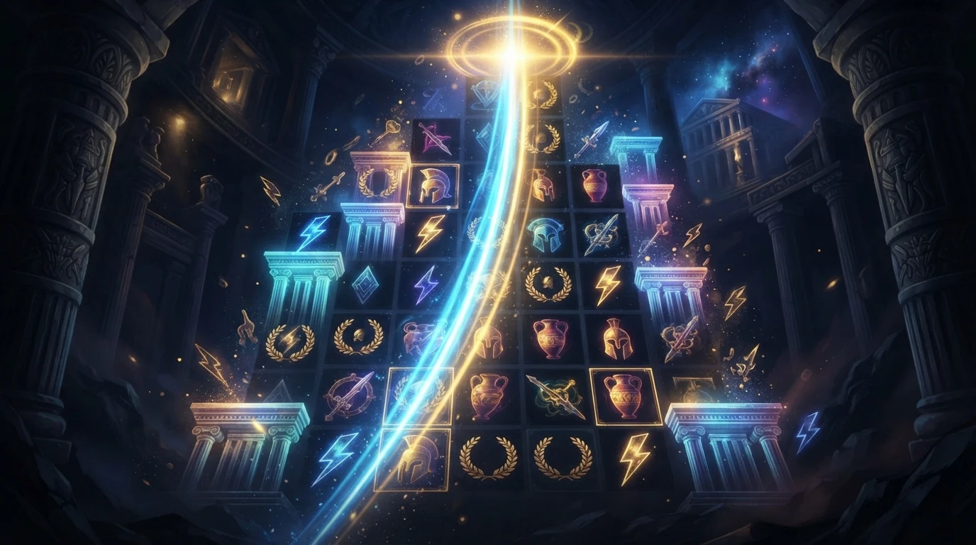 Abstract cascading reels with rising energy representing compounding bonus mechanics