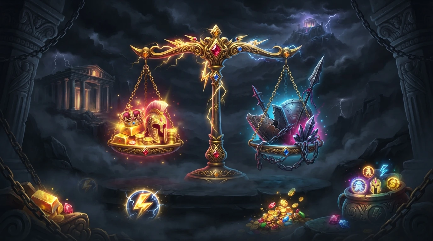Golden scales against a stormy sky representing the risk-and-reward verdict